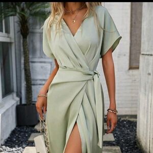 SHEIN Wrap around Sage Green Satin dress